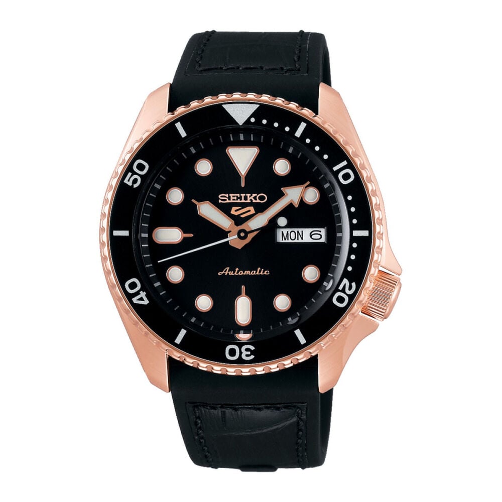 Seiko 5 Sports 42.5mm Black Dial Leather Strap Watch image number 0