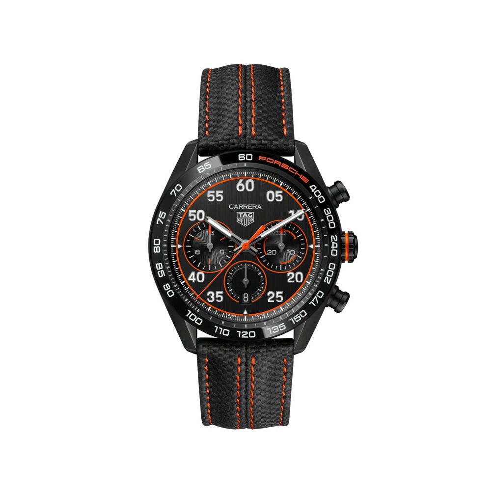 TAG Heuer Carrera Chronograph x Porsche Orange Racing 44mm Black Dial Leather Strap Watch image number 0