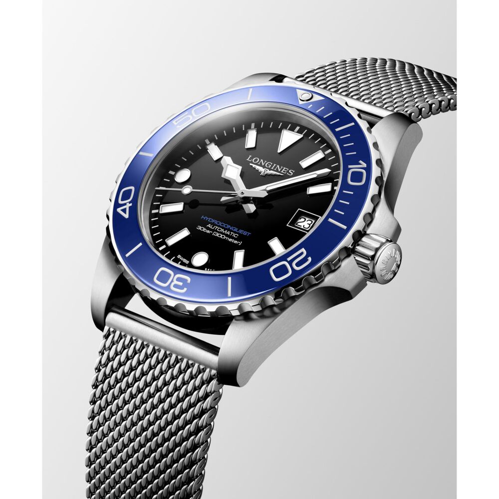 Longines HydroConquest 39mm Black Dial Blue Bezel Steel Mesh Bracelet Watch