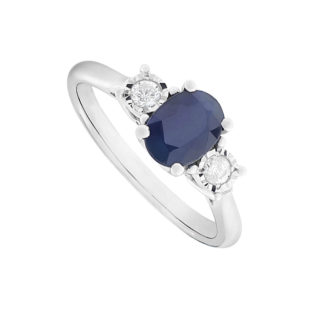 9ct white gold oval sapphire and diamond three stone ring image number 0