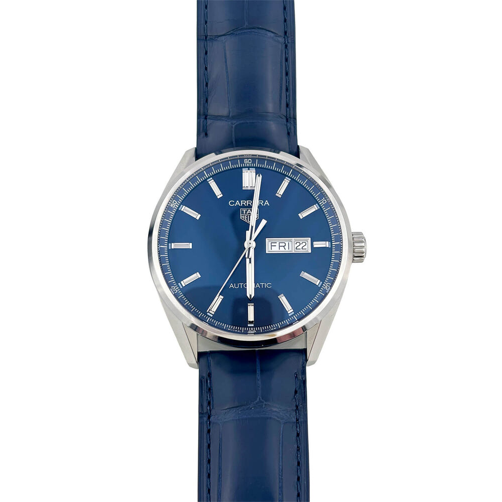 Pre-Owned TAG Heuer Carrera Day-Date 41mm Blue Dial Steel Case Blue Leather Strap Watch