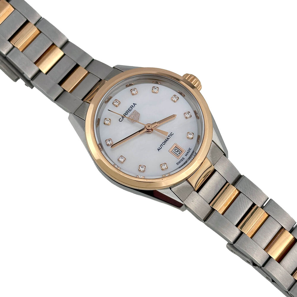 Pre-Owned TAG Heuer Carrera Date 29mm MOP Dial Diamond Dots Steel & Rose Gold Bracelet Watch