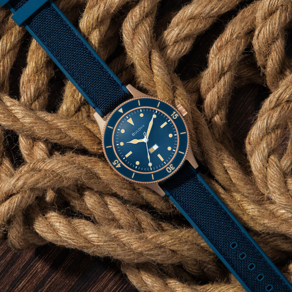 Bulova MIL-Ships Bronze 41mm Blue Dial Rubber and Cordura Nylon Strap Watch image number 7