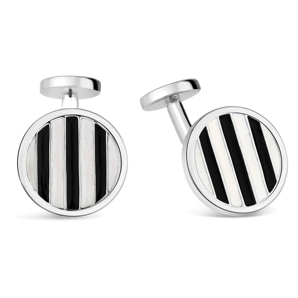 Gents Sterling Silver Black & White Stripe Round Cufflinks image number 1