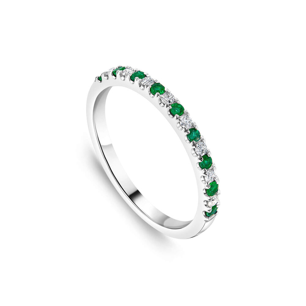 9ct White Gold Emerald & 0.09ct Diamond Claw Set Eternity Ring