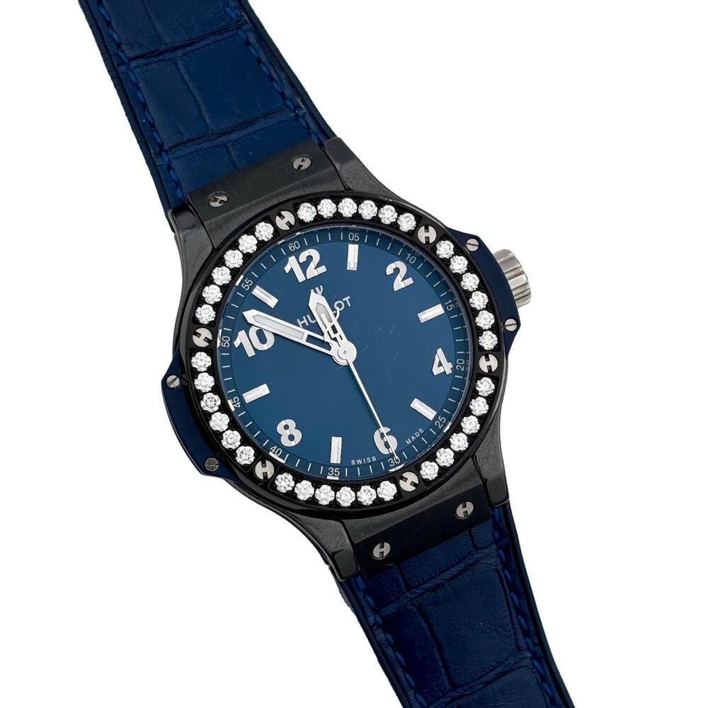 Pre-Owned Hublot Big Bang 38mm Blue Dial Diamonds Bezel Leather Strap Watch