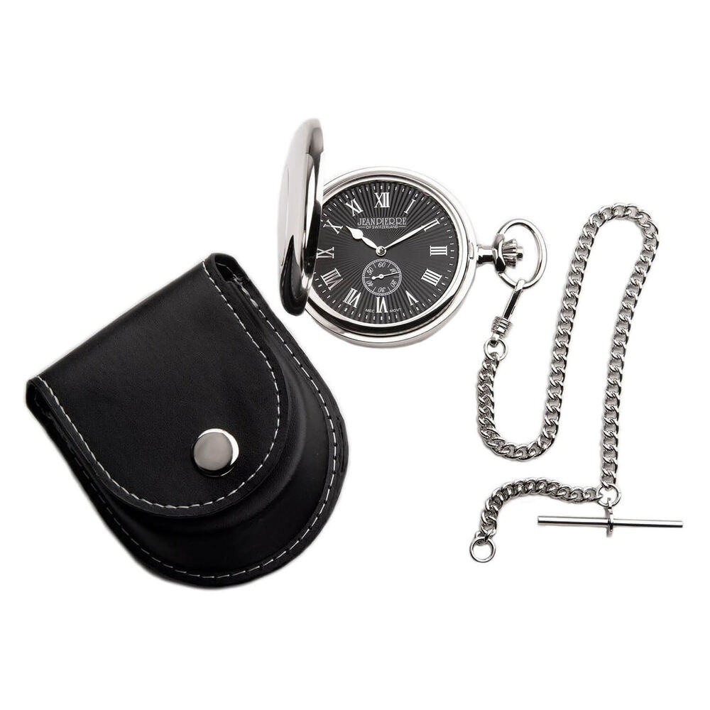 Jean Pierre Full Hunter Chrome Plated Black Dial Pocket Watch