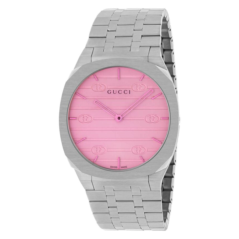 GUCCI 25H 38mm White Dial Pink Glass Steel Bracelet Watch