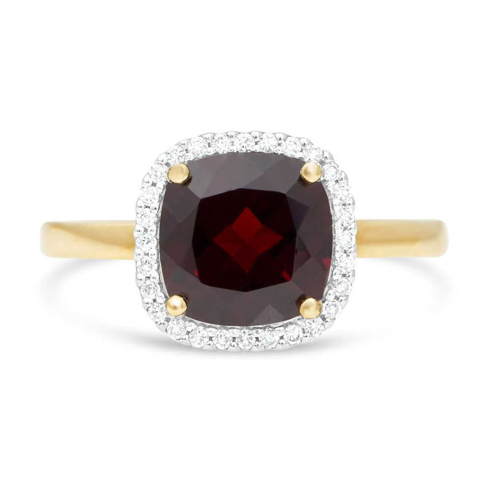 9ct gold cushion cut garnet and diamond ring image number 1