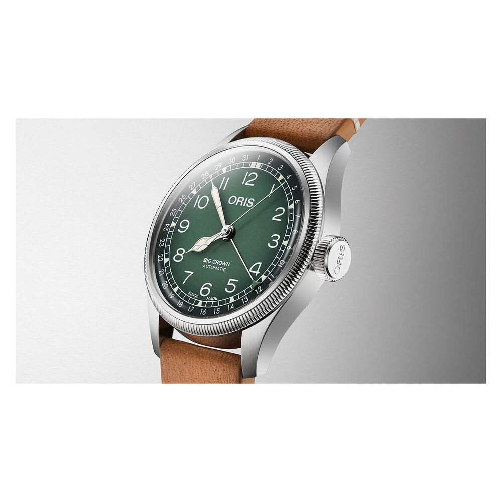 Oris Big Crown 38mm Green Dial Steel Case Tan Strap Watch image number 3