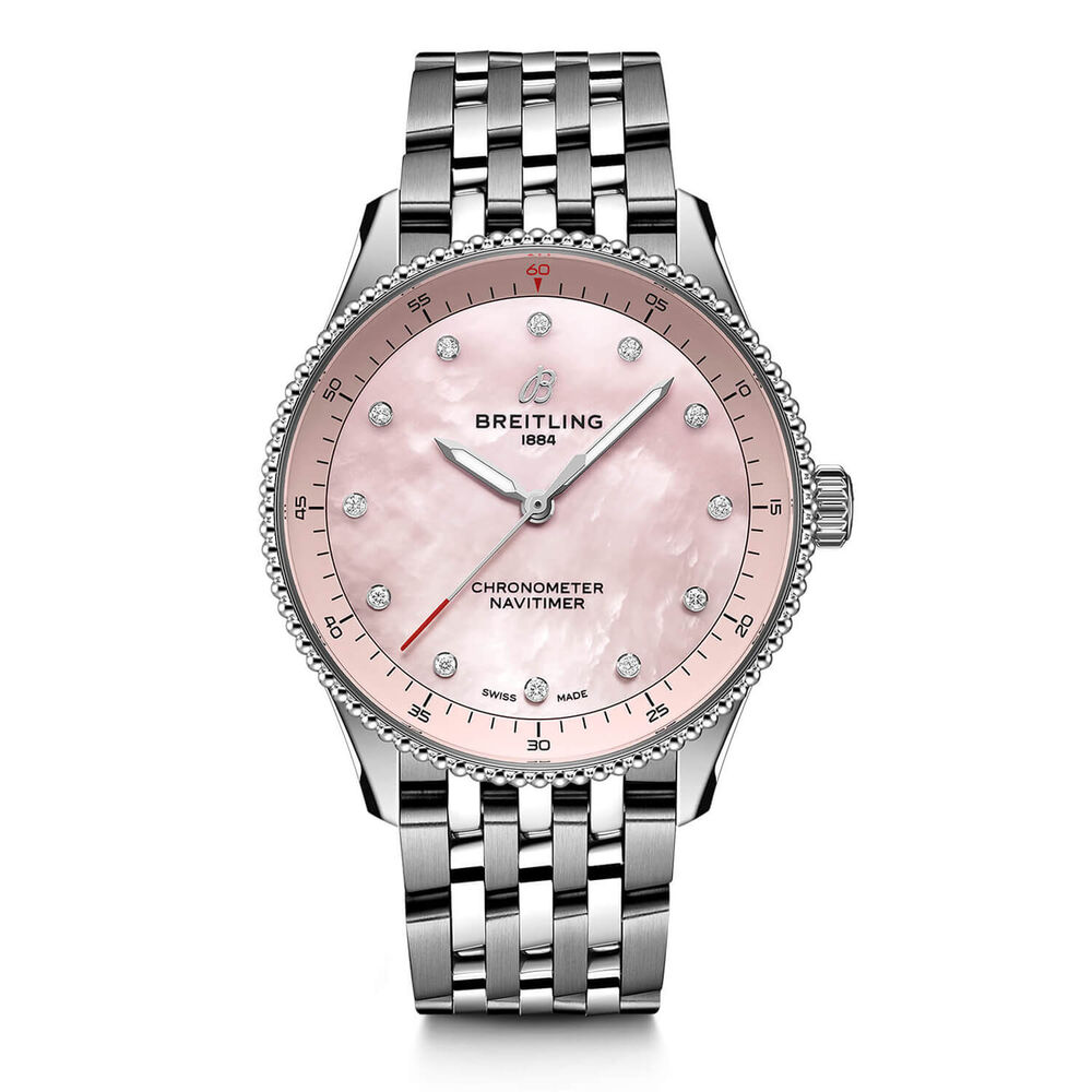 Breitling Navitimer 32mm Pink Pearlised Lab Grown Diamond Dial Bracelet Watch image number 0