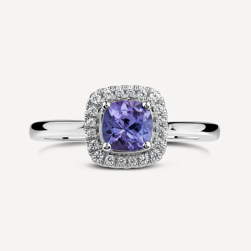 9ct White Gold Cushion Tanzanite & 0.10ct Diamond Halo Ring