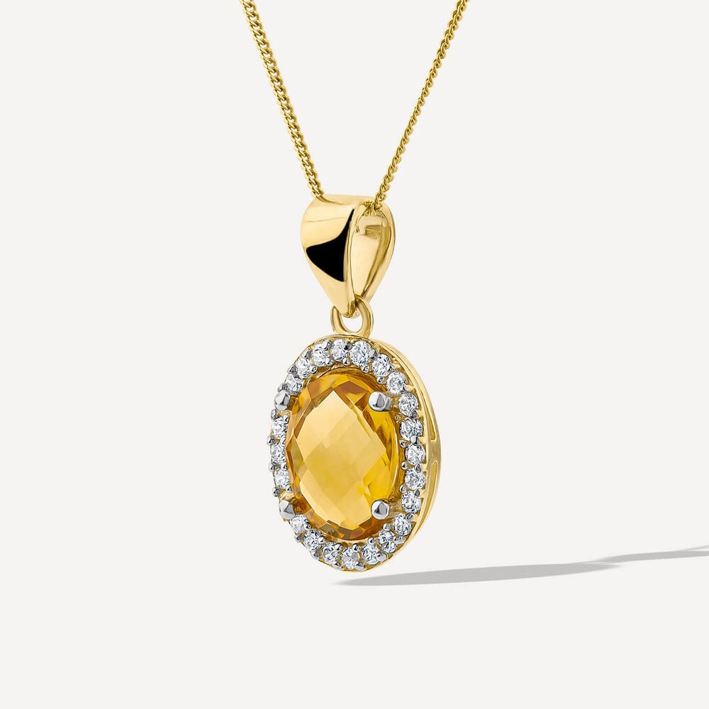 9ct Yellow Gold Oval Citrine & Cubic Zirconia Pendant (Chain Included)