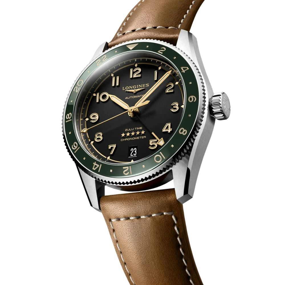 Longines Spirit 39mm Black Dial Stainless Steel & Ceramic Case Leather Strap Watch image number 2