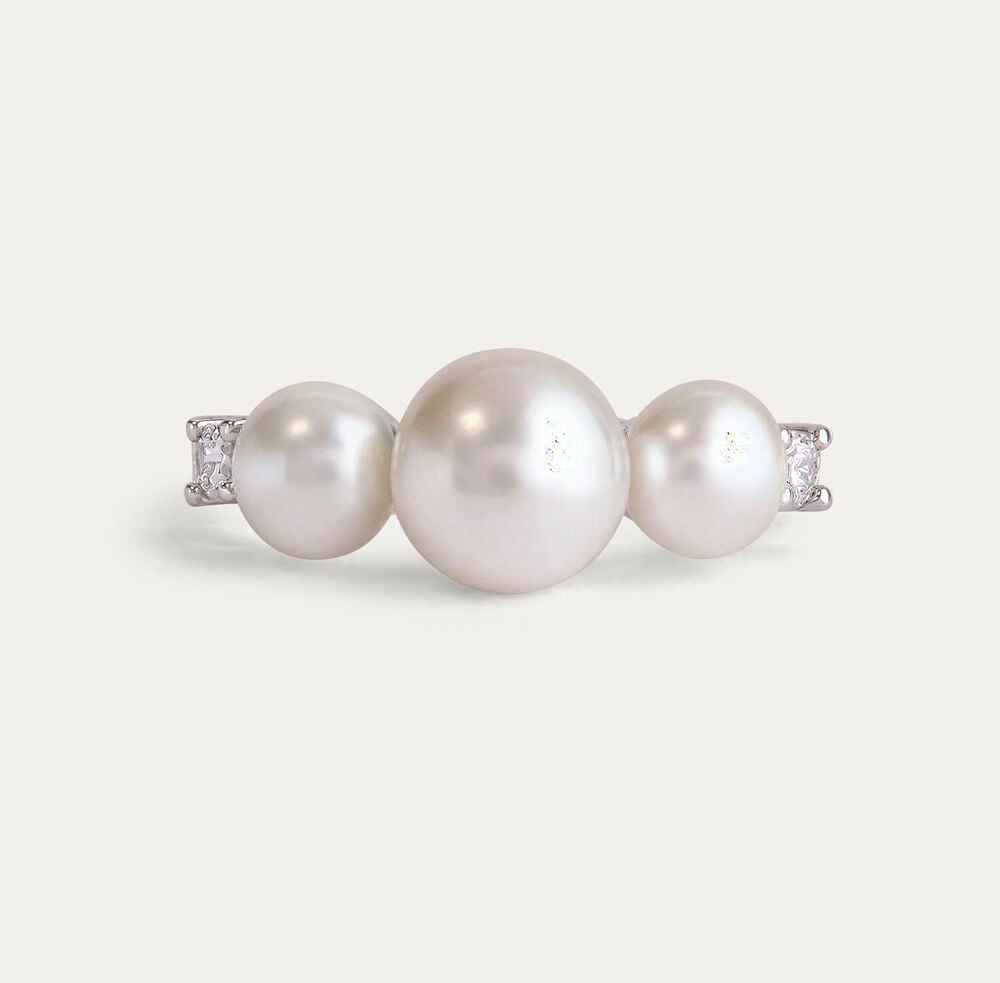 Sterling Silver 3 Freshwater Pearls Cubic Zirconia Sides Ring