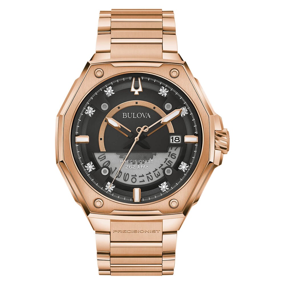 Bulova Precisionist X 44.7 x 58.5mm Diamond Dot Black Dial Rose Gold Bracelet Watch image number 0