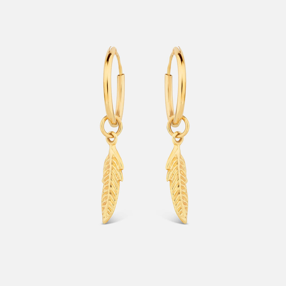 9ct Yellow Gold Feather Motif Small Hoop Earrings