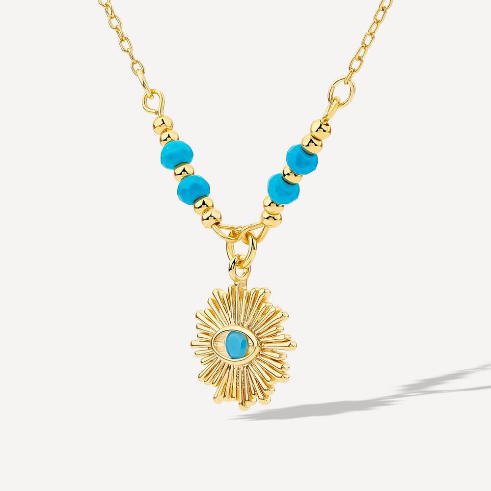 Yellow Gold Plated Sterling Silver Turquoise Beaded Protective Eye Necklet image number 1