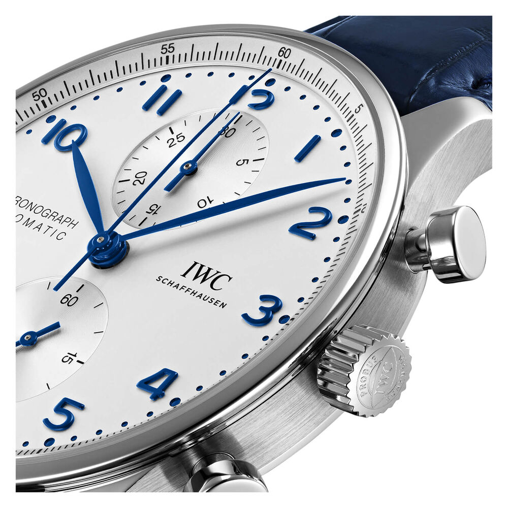 IWC Schaffhausen Portugieser Chronograph Silver Dial Blue Strap Watch image number 3