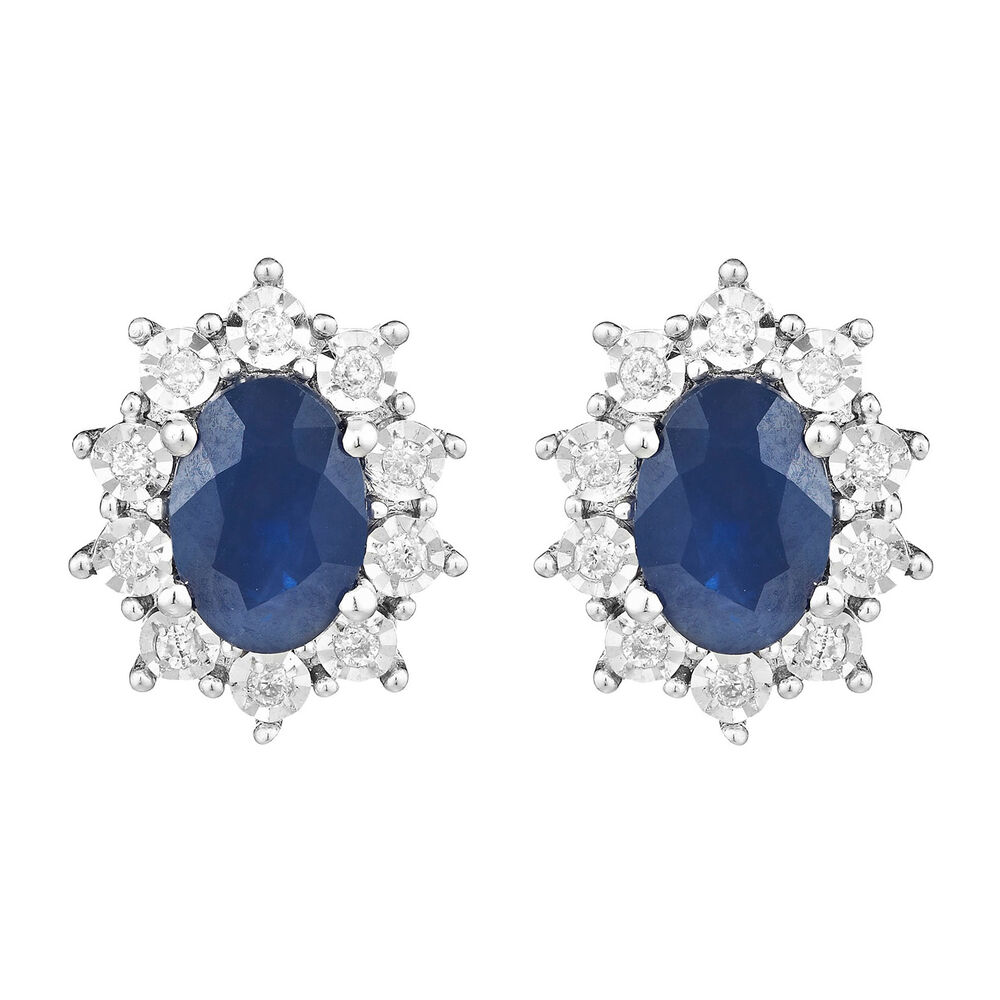 9ct White Gold Oval Sapphire & Diamond Cluster Earrings image number 0
