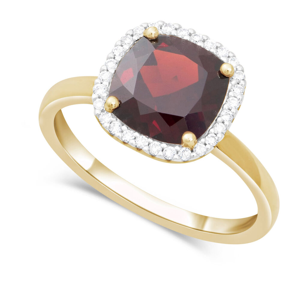 9ct gold cushion cut garnet and diamond ring image number 0