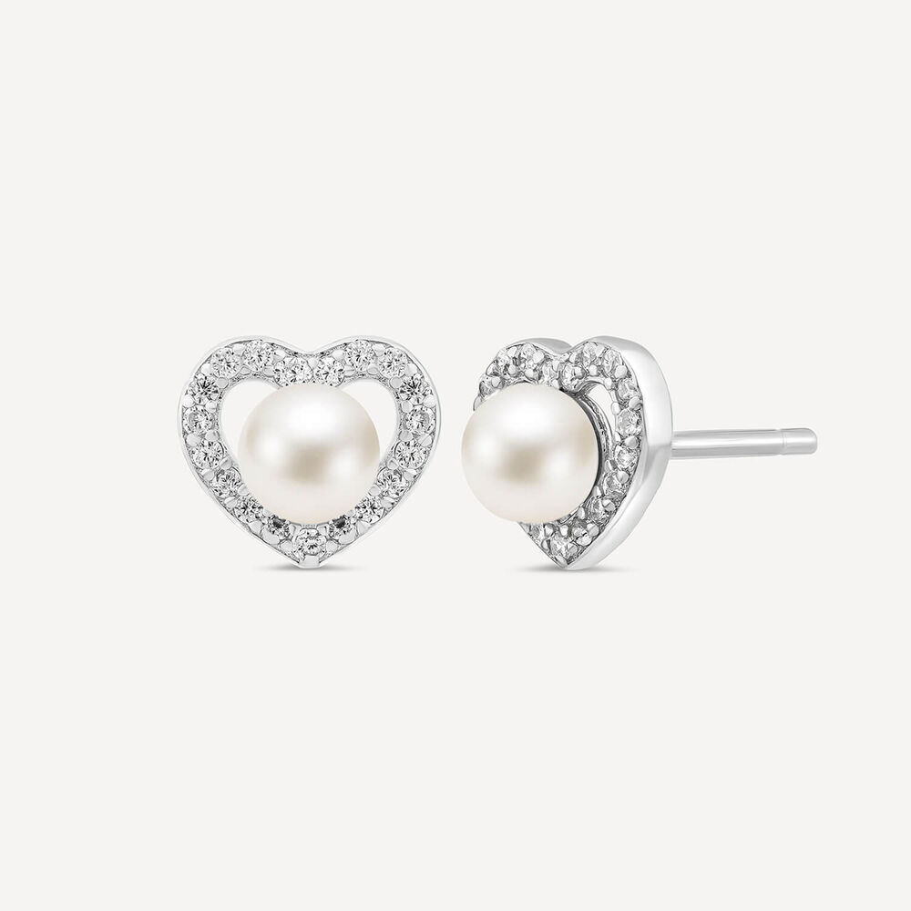 Sterling Silver 4.5-5mm Freshwater Pearl & Cubic Zirconia Heart Shaped Stud Earrings