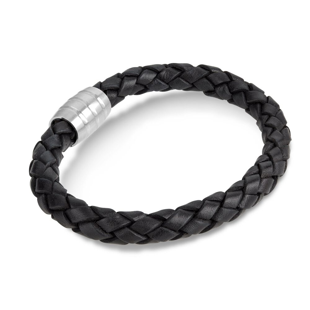 Steel & Wide Black Plaited Leather Men's Bracelet
