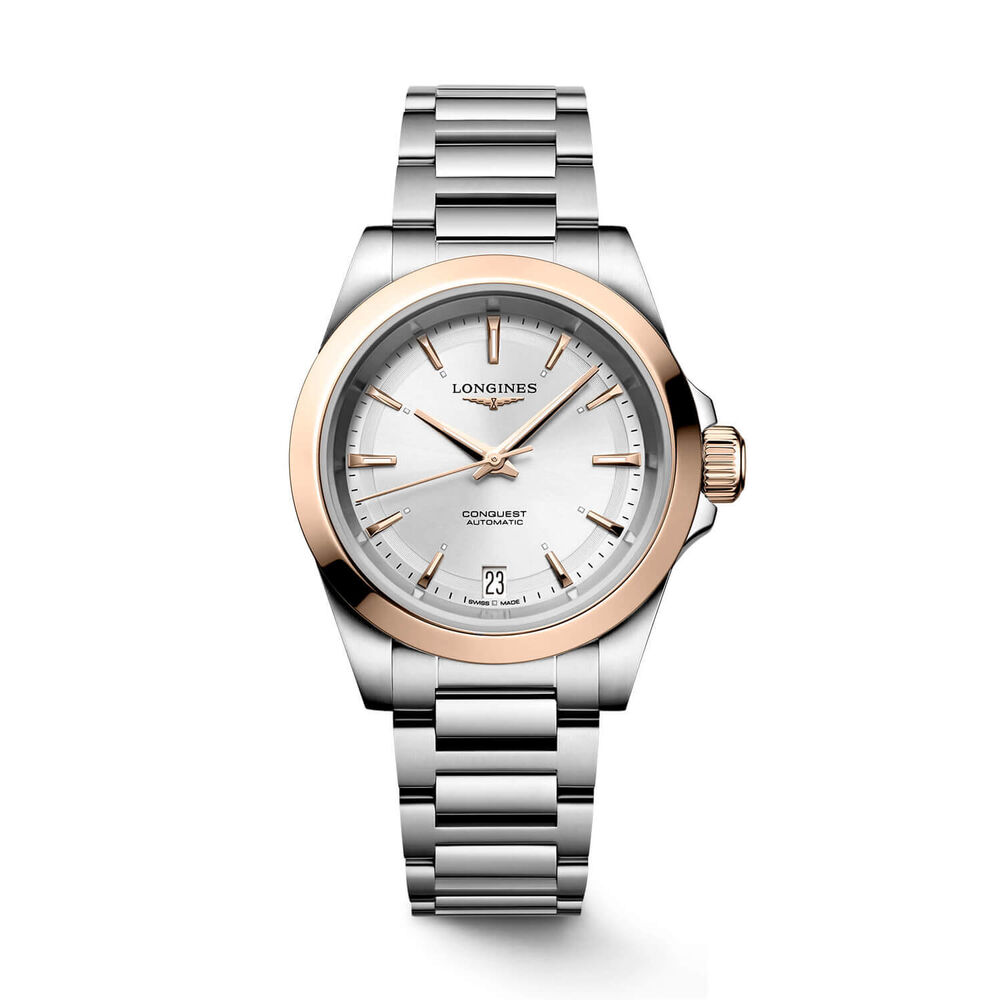 Longines Conquest 34mm Silver Dial Pink Gold Case Steel Bracelet Watch image number 0