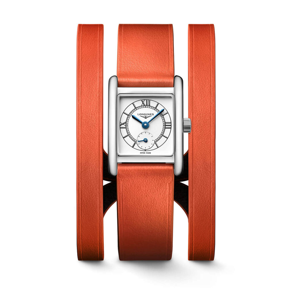 Longines MiniDolcevita 21.5 x 29mm Silver Dial Orange Leather Strap Watch