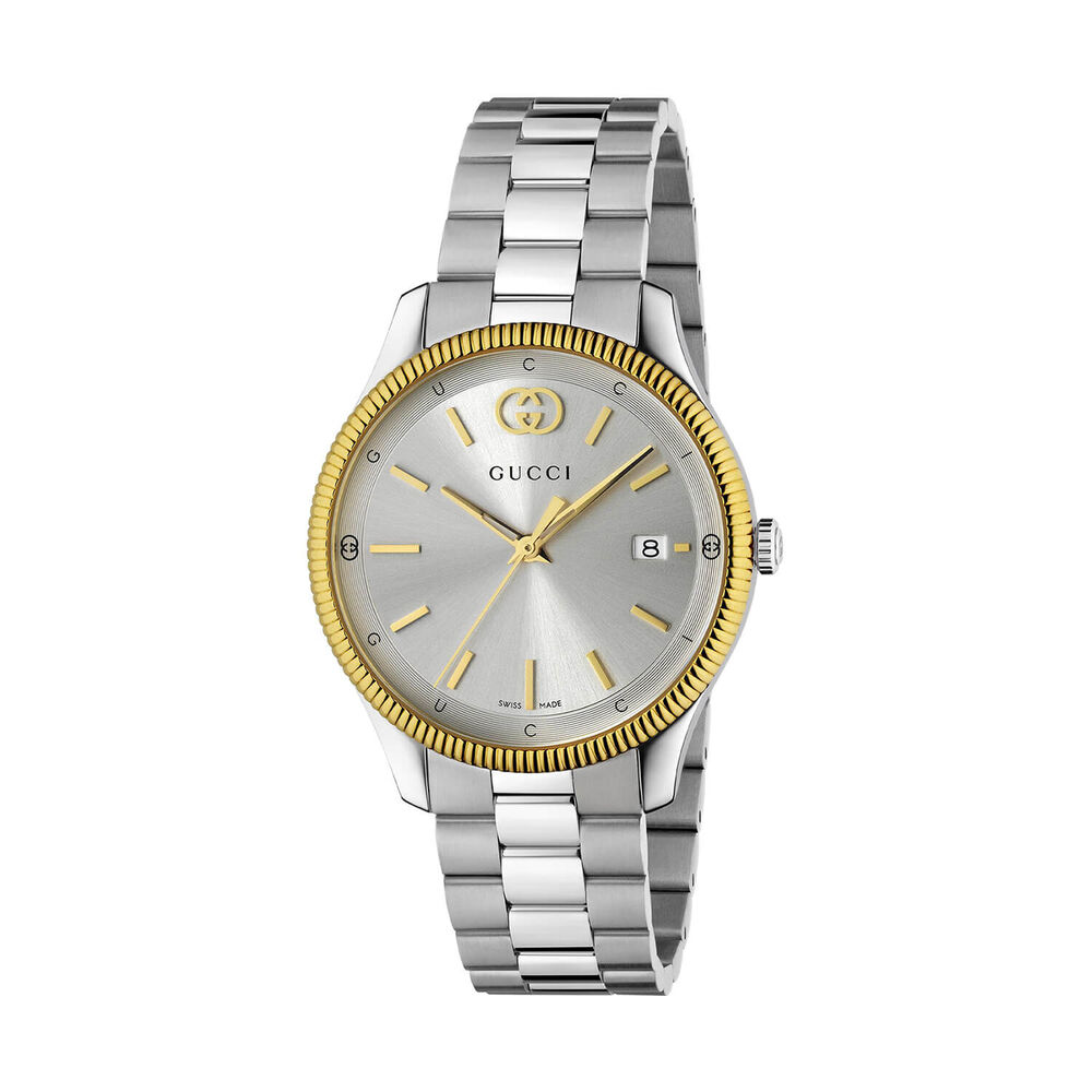 Gucci G-Timeless 38mm Silver Dial Yellow Gold Plated Bezel Stainless Steel Bracelet Watch