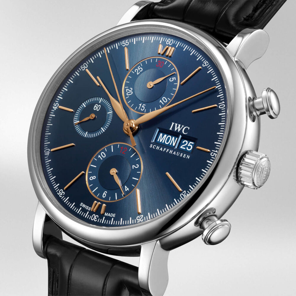 Pre-Owned IWC Schaffhausen Portofino Chronograph 42mm Blue Dial Black Leather Strap Watch