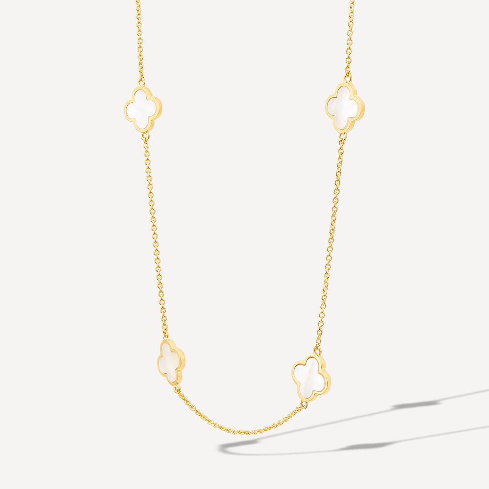 Yellow Gold Plated Sterling Silver Mother of Pearl 10 Clover Petal Necklet image number 1