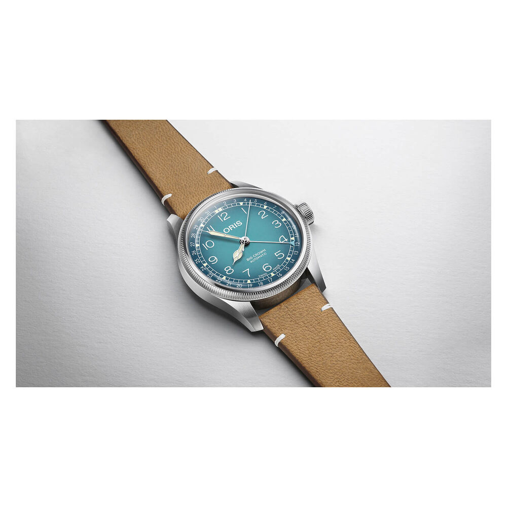 Oris Big Crown 38mm Light Blue Dial Steel Case Tan Strap Watch image number 2