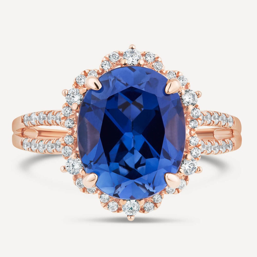 9ct Rose Gold Large Oval Created Sapphire Diamond Surrounding Shoulders 0.29ct Ring