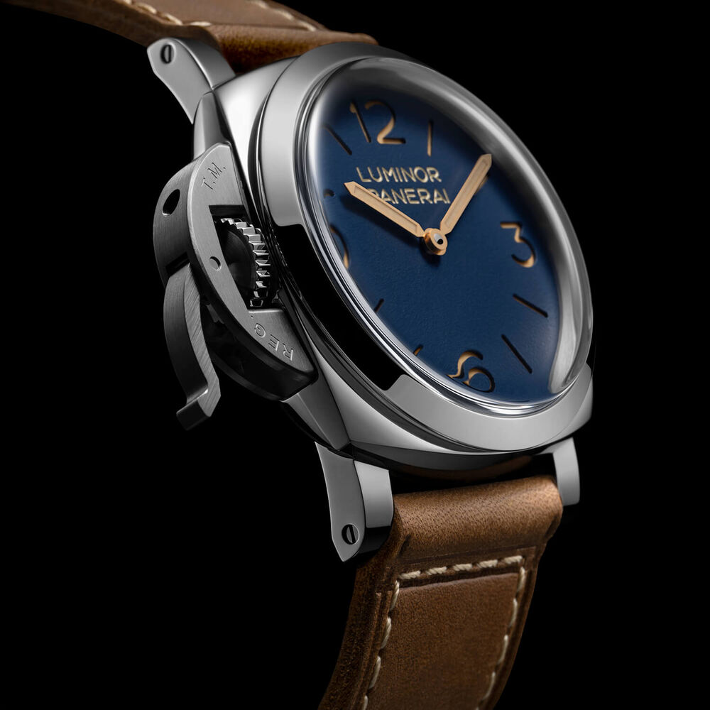 Panerai Luminor Destro 44mm Blue Dial Light Brown Leather Strap Watch