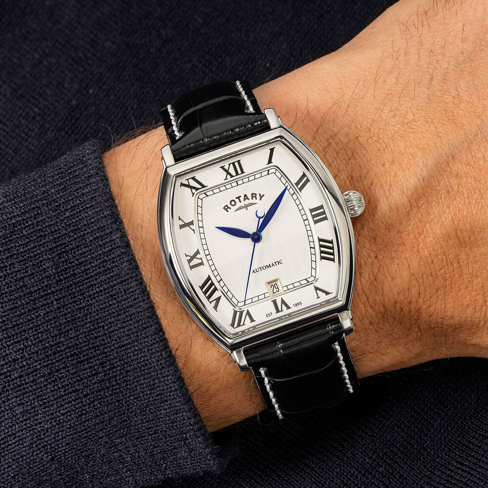 Rotary 1895 Automatic 36x46mm White Dial Black Leather Strap Watch