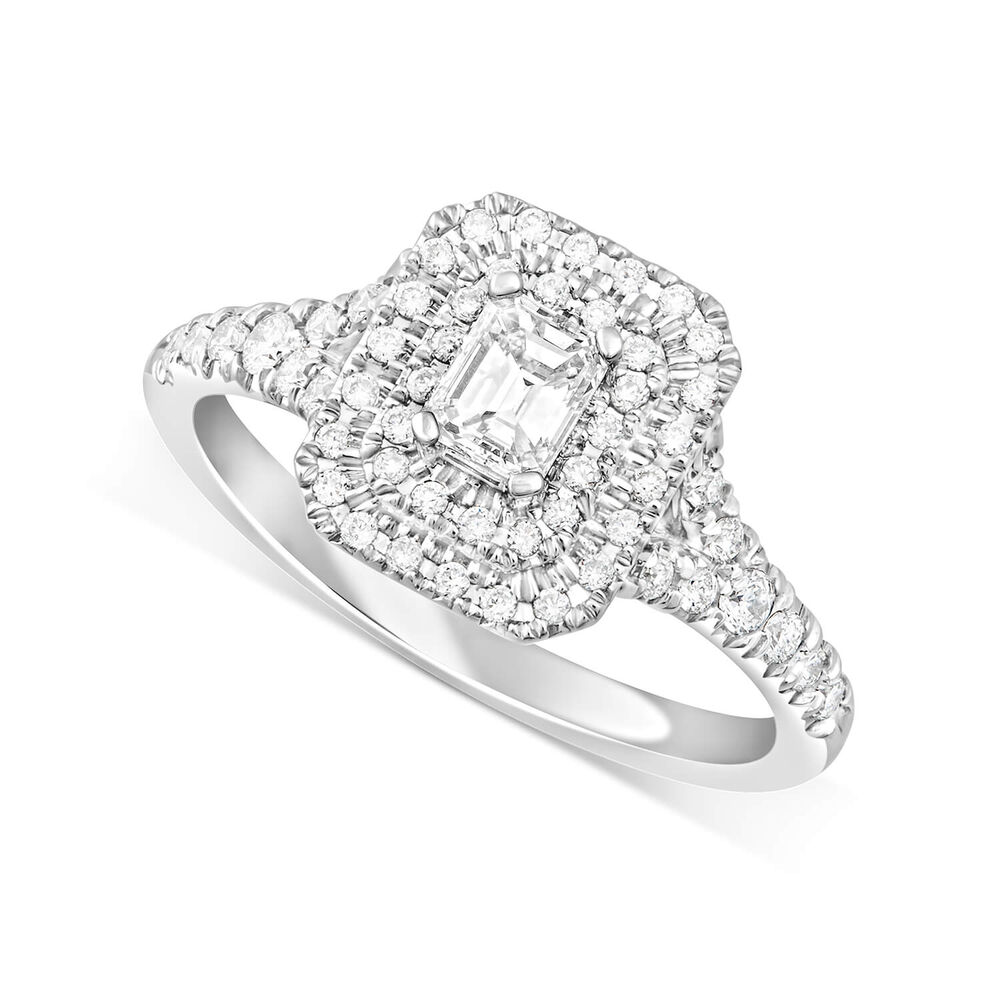 18ct White Gold Halo Emerald Cut Double Diamond Pave And Diamond Band 0.50ct Ring image number 0