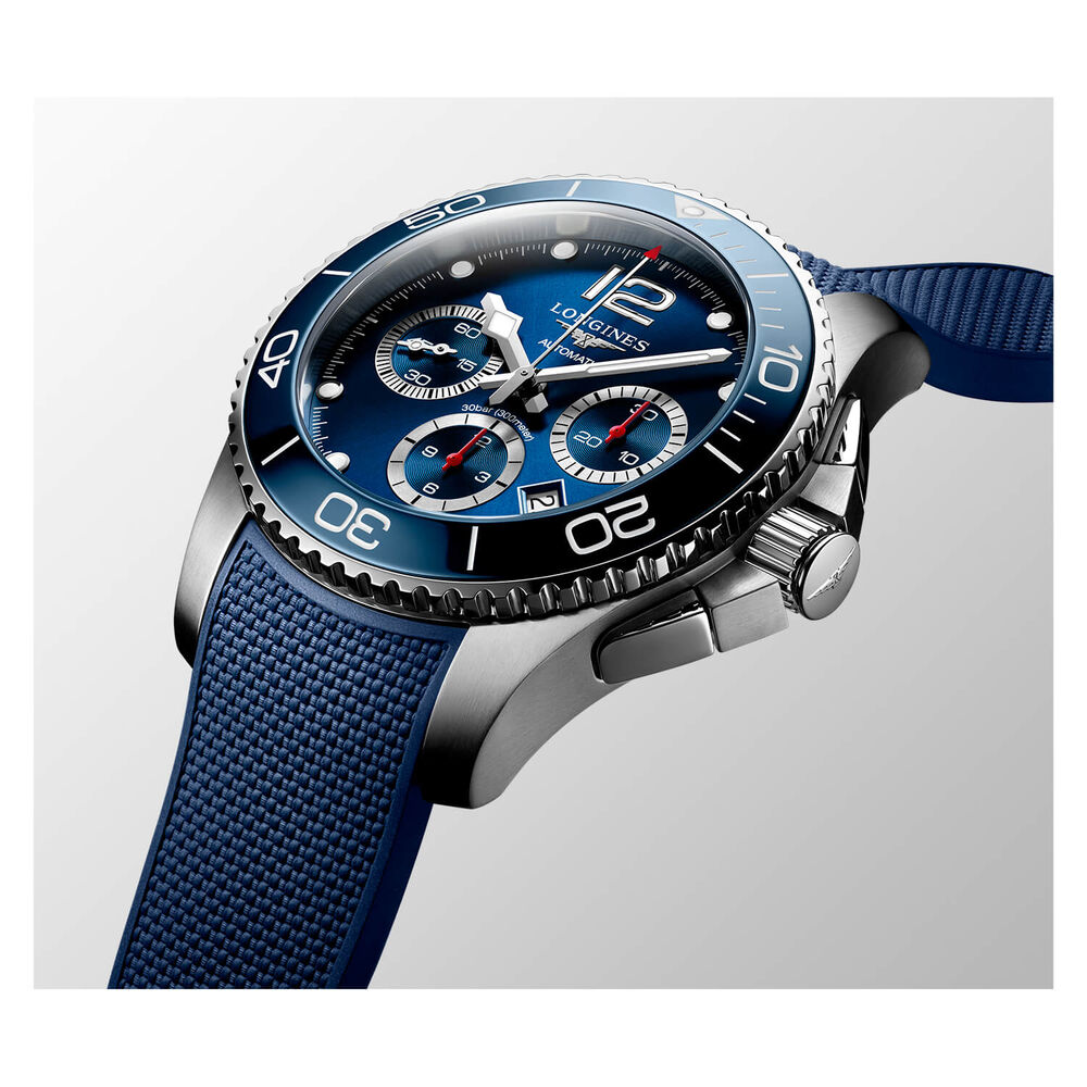 Longines HydroConquest 43mm Automatic Blue Dial Chronograph Steel Case Blue Rubber Strap Watch