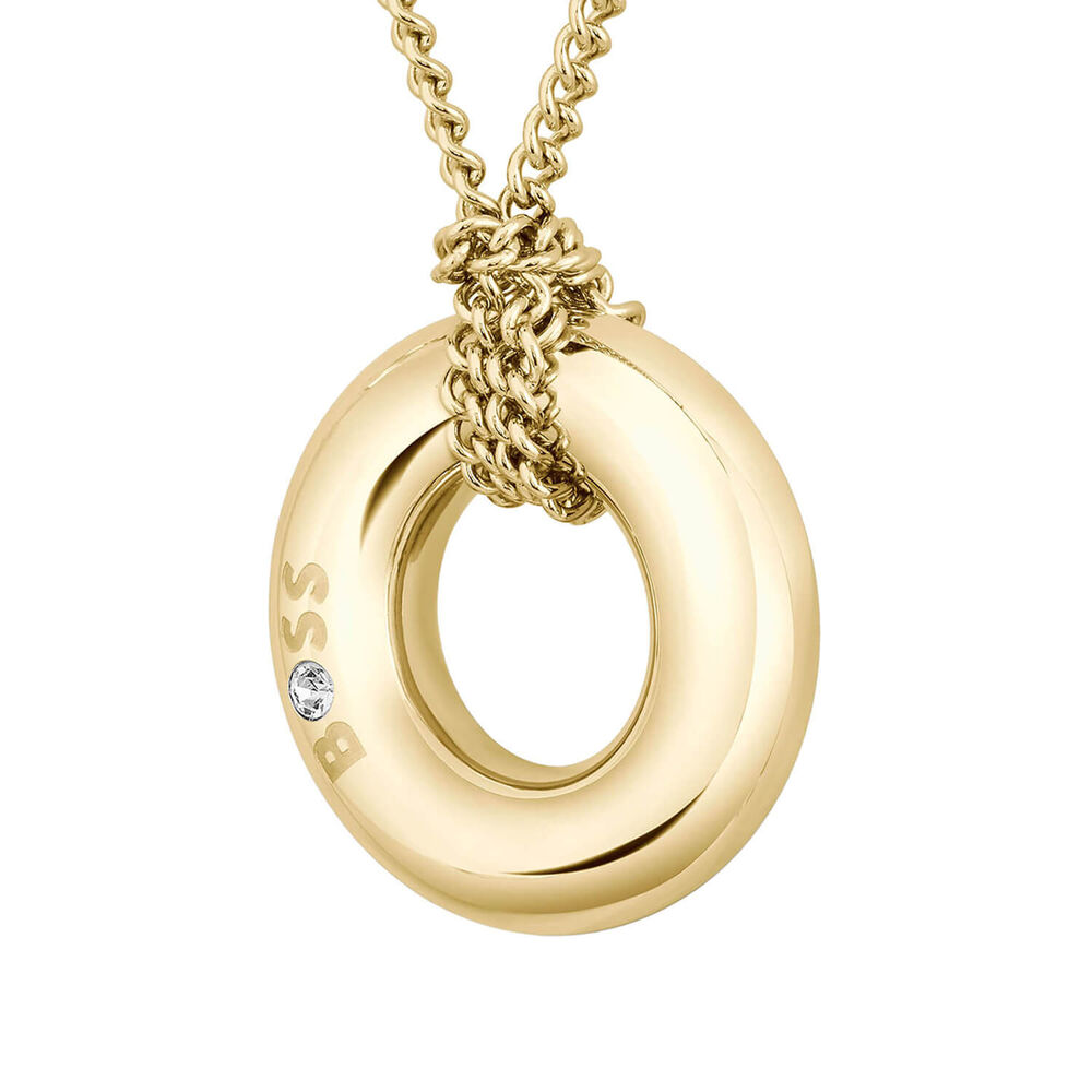 BOSS Live Gold Tone Steel Logo Hoop Pendant image number 0