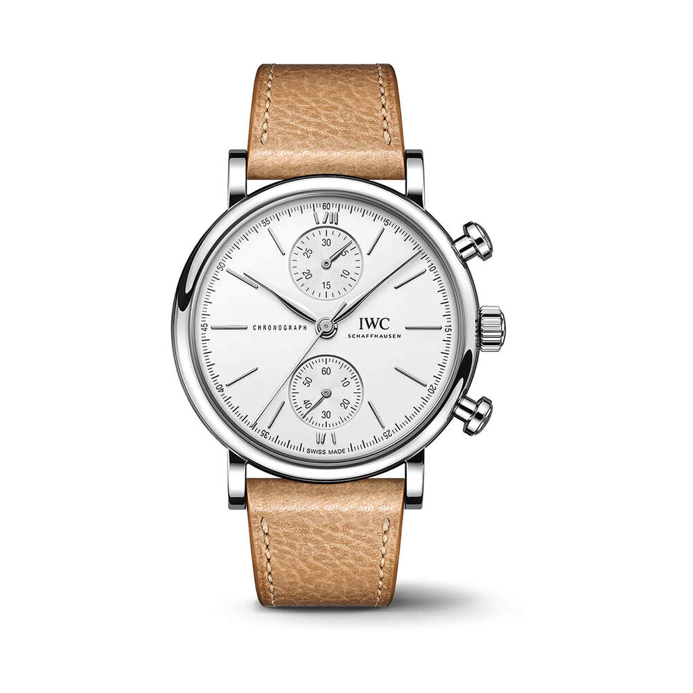 IWC Schaffhausen Portofino Chronograph 39mm White Dial Beige Leather Strap Watch image number 0