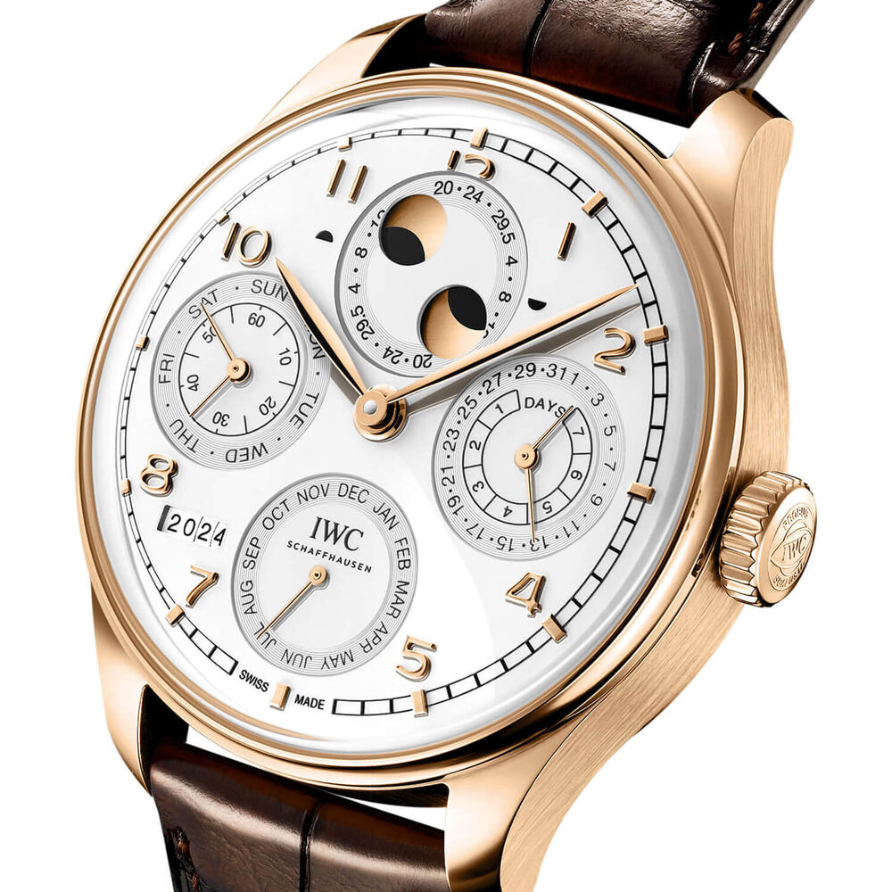 IWC Schaffhausen Portugieser Perpetual Calendar 44 Silver Moon Dial Brown Leather Strap Watch