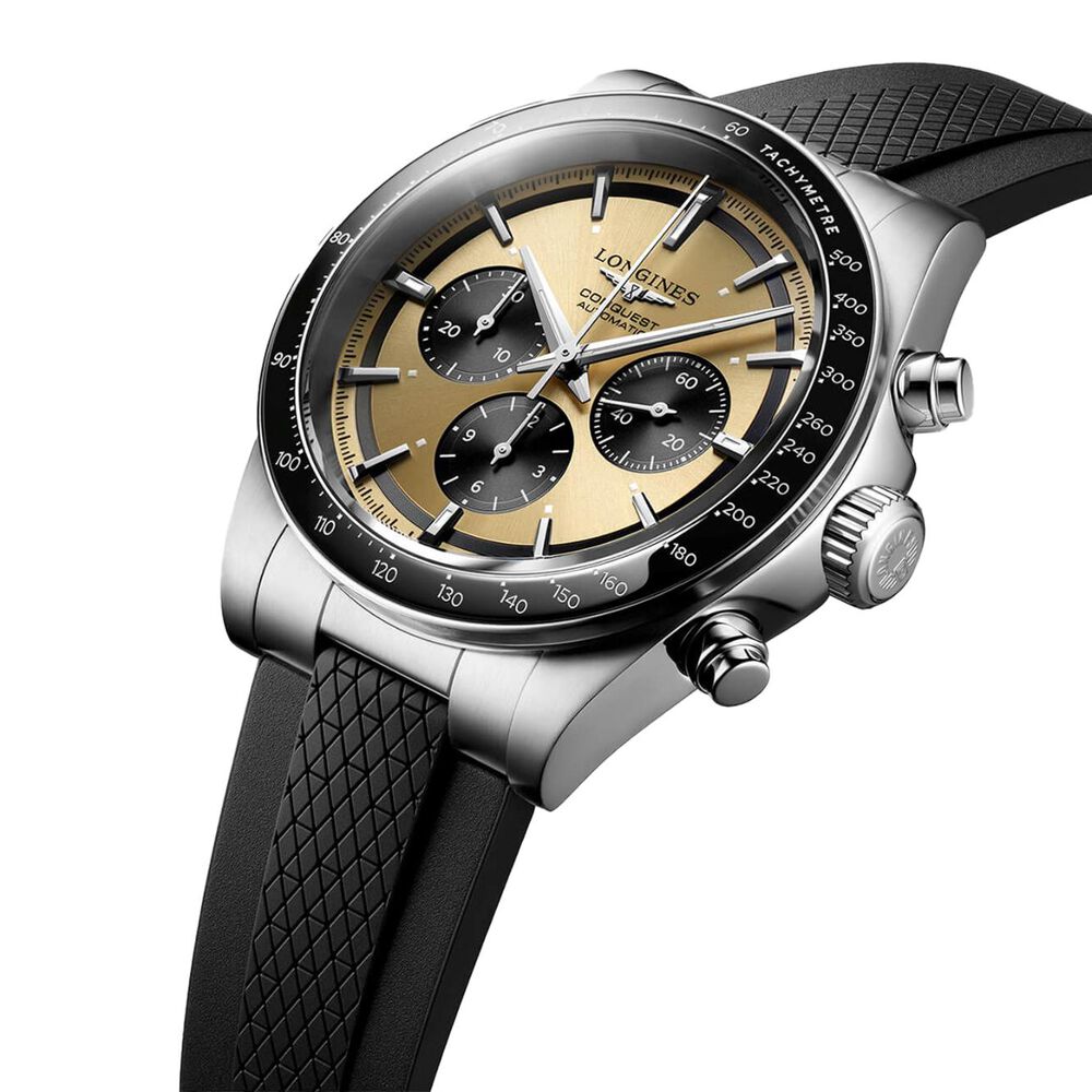 Pre-Owned Longines Conquest Chronograph 42mm Champagne Dial Black Rubber Strap Watch image number 2