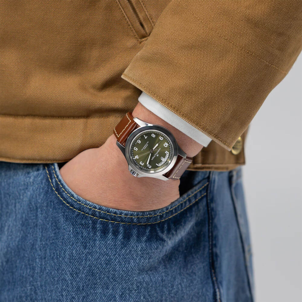 Hamilton Khaki Field King Day-Date 40mm Green Dial Brown Leather Strap Watch