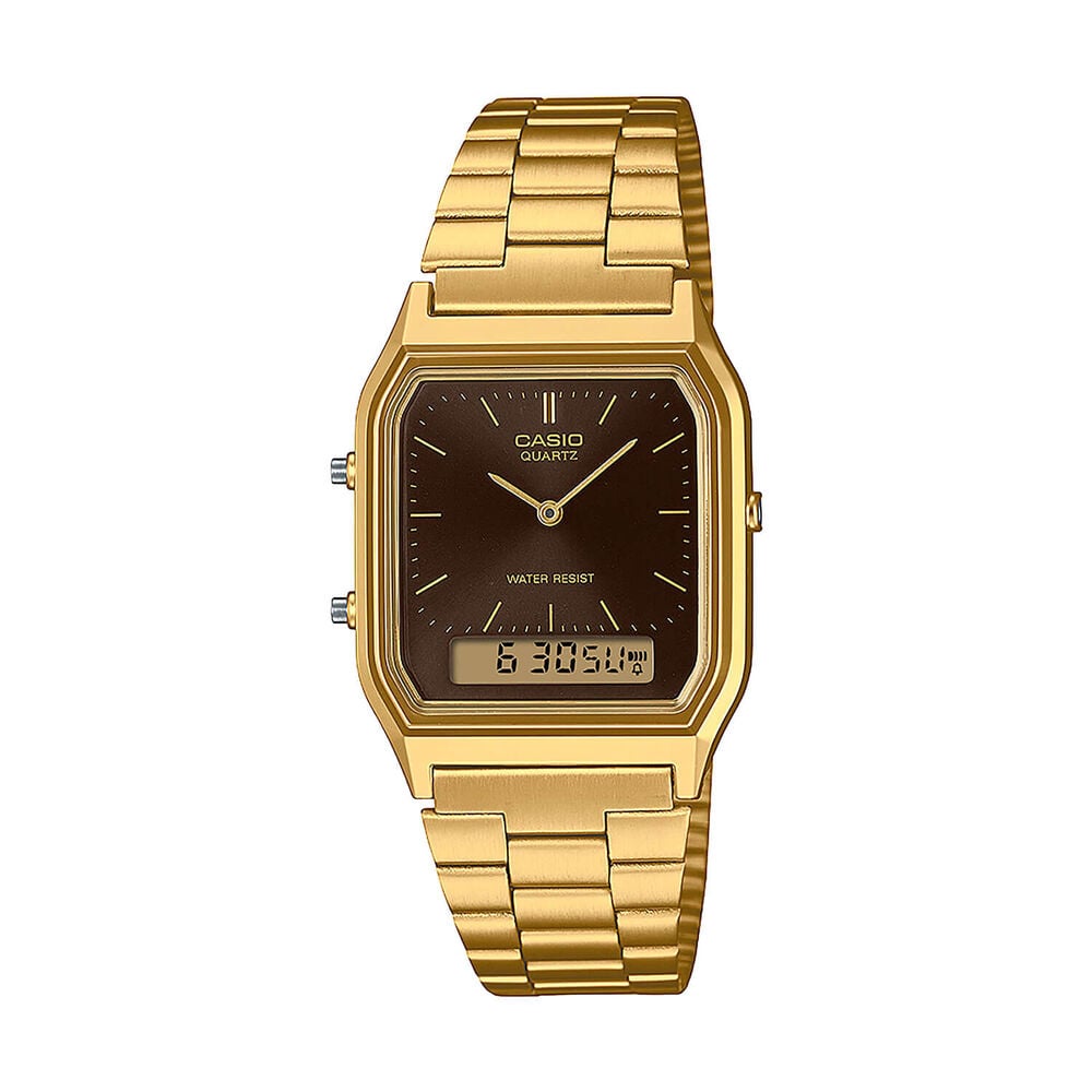 Casio Vintage 38.8x29.8mm Brown Dial Dual Display Gold Tone Stainless Steel Bracelet Watch