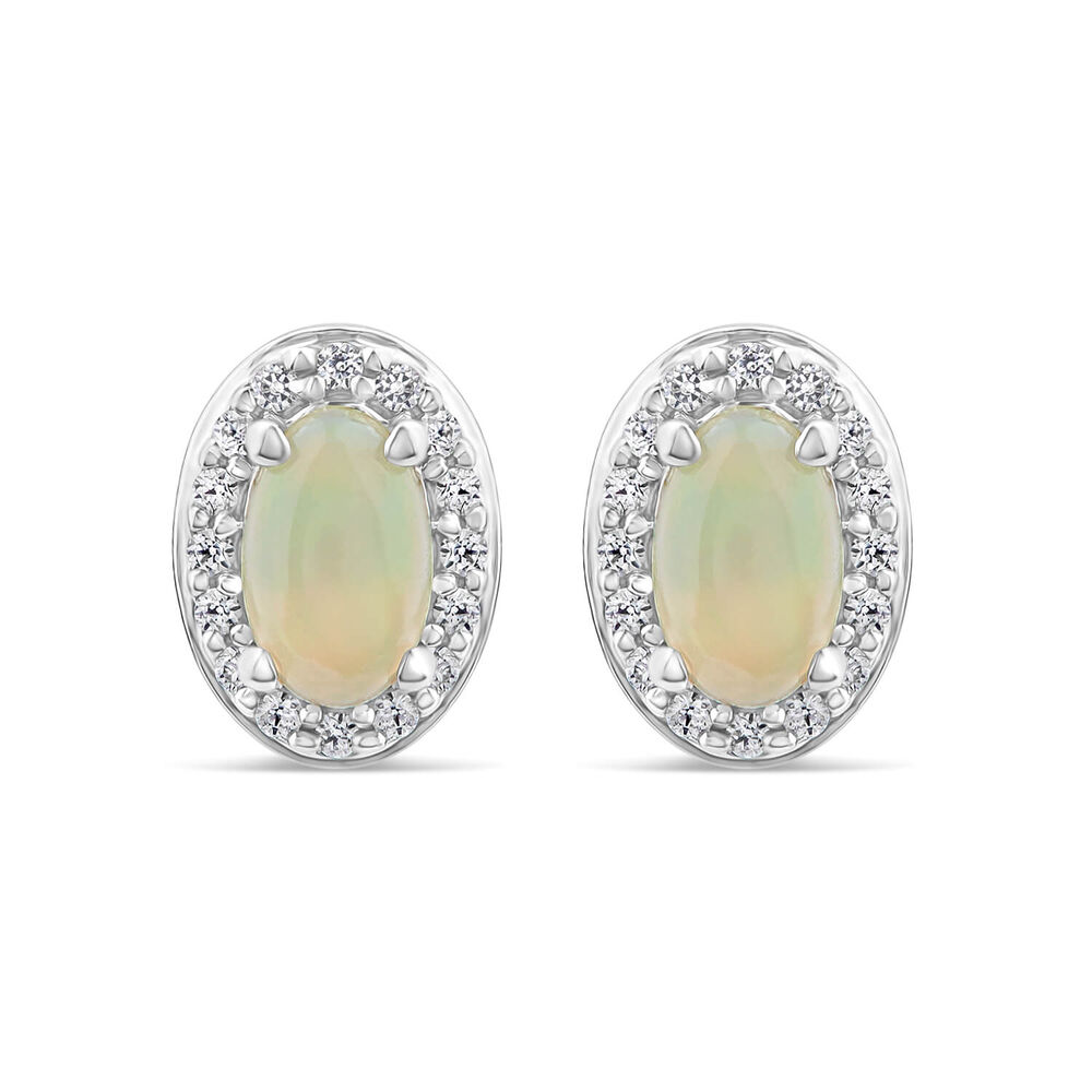 9ct White Gold Oval Opal & 0.10ct Diamond Halo Stud Earrings image number 0