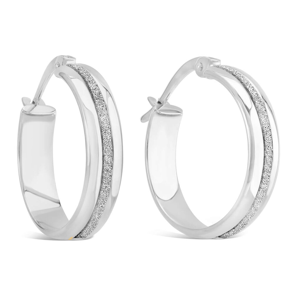 9ct White Gold Small 15mm Glitter Hoop Earrings image number 1