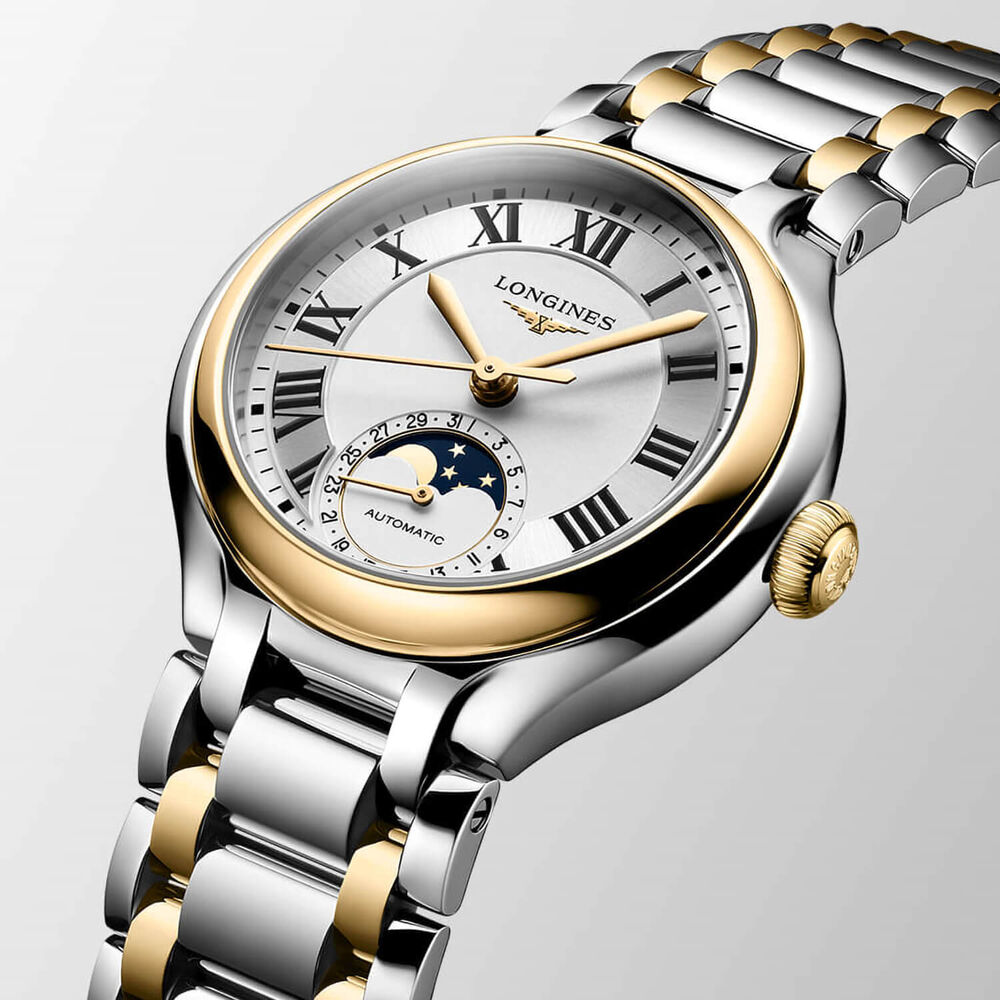 Longines Elegance Primaluna 34mm Moonphase Silver Dial Yellow Gold Bezel Steel Bracelet Watch image number 2