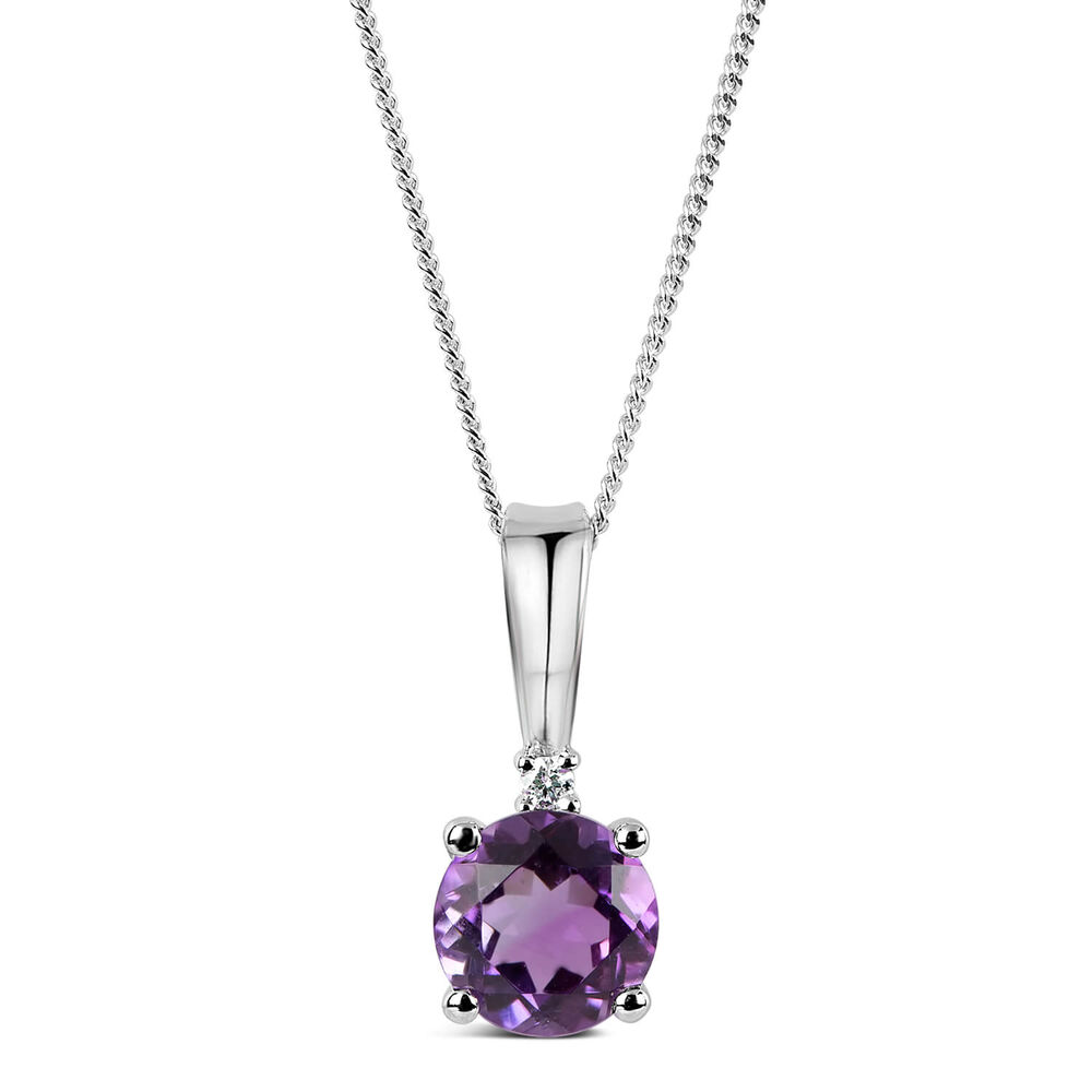 9ct White Gold Diamond and Amethyst Round Pendant image number 0