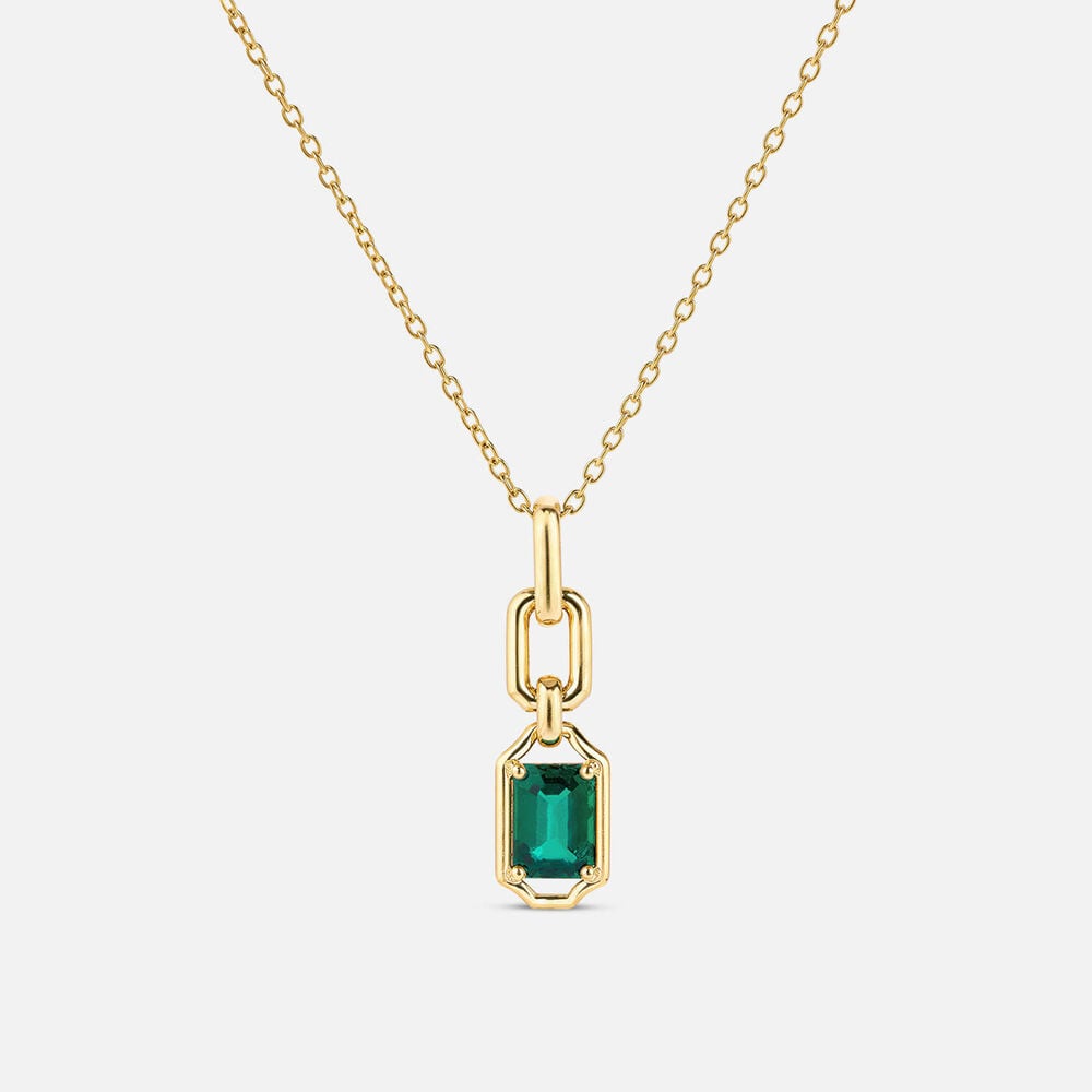 Yellow Gold Plated Vermeil Sterling Silver Created Emerald Rectangular Link Pendant