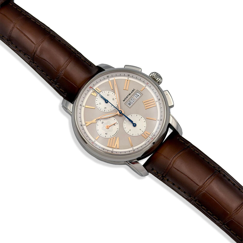 Pre-Owned Montblanc Star Legacy 43mm Beige Dial Rose Gold Index Brown Leather Strap Watch image number 1